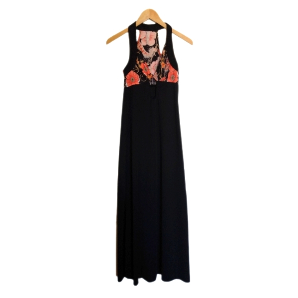 VTG 70s Maxi Floral Halter Gown in Orange and Black
